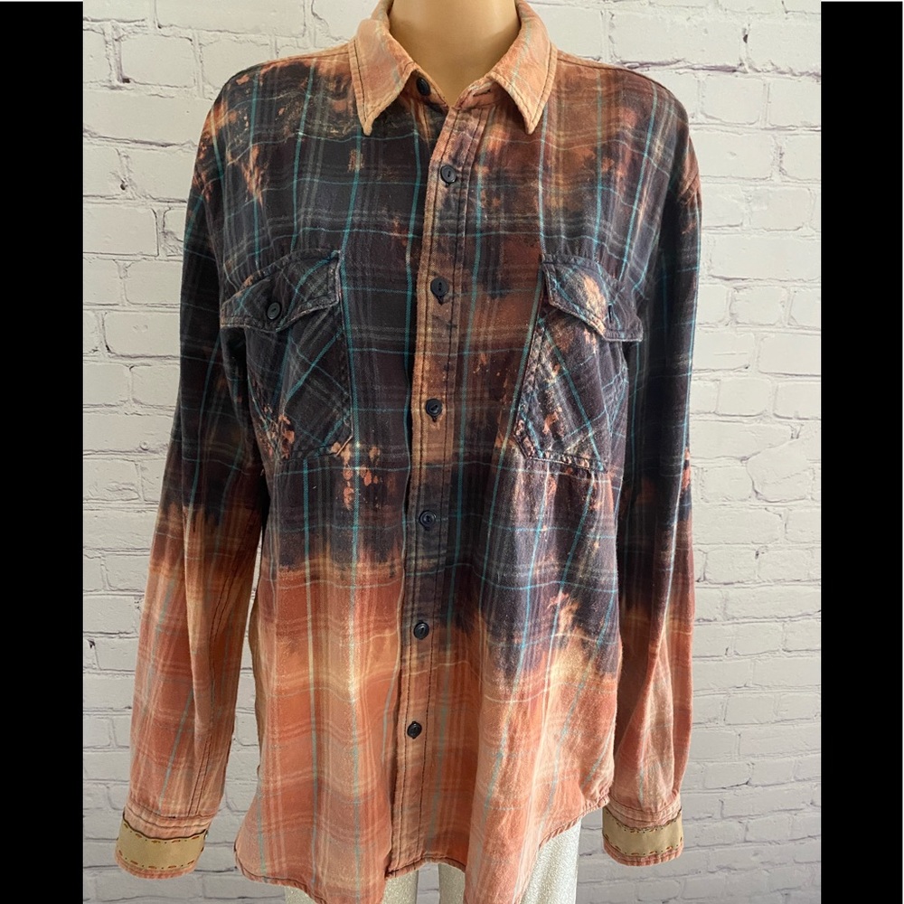Repurposed Bleach Tie Dyed Rock Band Flannel Shirt Gem